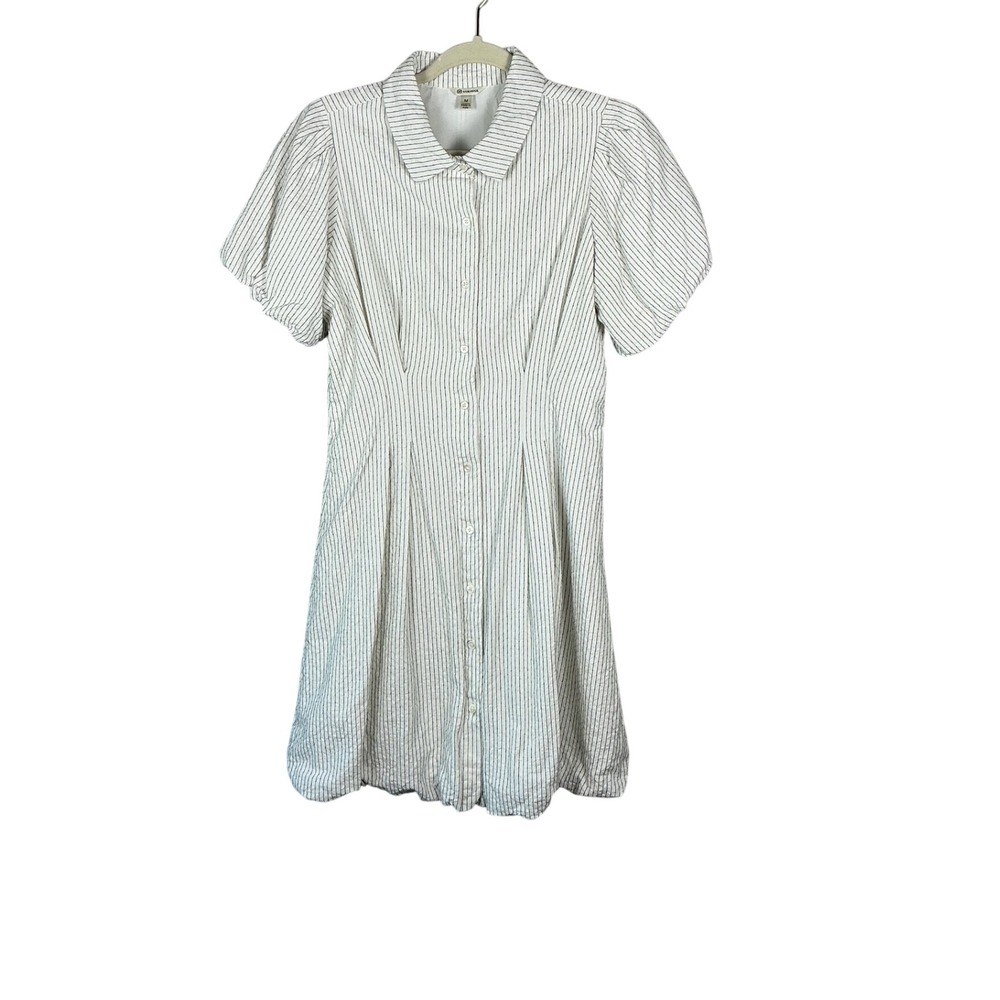Versona Womens Pinstripe Short Puff Sleeve Bubble Hem Button Front Dress White M